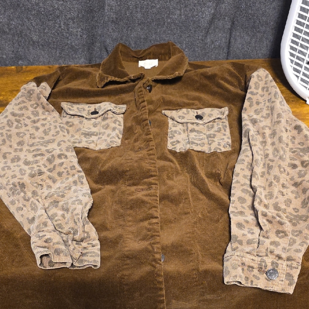 Brown Corduroy Jacket with Leopard Print Sleeves